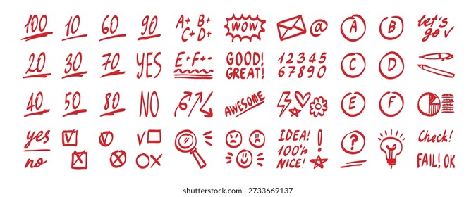 Las marcas de examen comprueban las flechas y los círculos establecen el ícono dibujado a mano del garabato de la colección. Símbolo de Clipart de línea de resaltado de dibujo de esquema. Ilustración vectorial