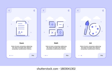 Exam math art onboarding screen for mobile apps template banner page UI with three variations modern flat outline style.