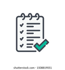 Exam notebook with check mark color line icon. Test approval vector outline colorful sign.