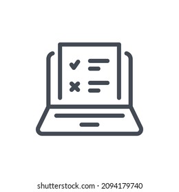 Exam and Online survey line icon. Laptop with document and test result vector outline sign.