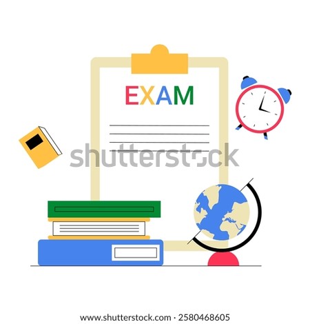 Exam Paper With Books And Globe In Flat Vector Illustration Symbolizing Education, Learning, And Academic Success, Isolated On White Background