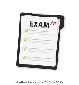 Papel de examen con grado A más. Examen escolar. Fichas de respuestas de test y evaluación de resultados de éxito. Aislado sobre fondo blanco. Ilustración del vector