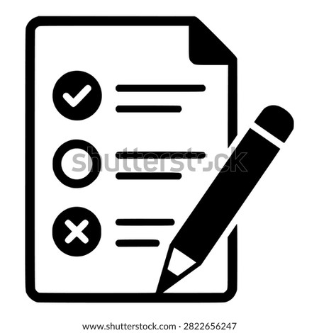 Exam Paper with Multiple Choice Answers and Pencil, Black Vector Silhouette for Education, Testing and Student Assessment