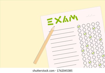 exam paper and pencil on yellow background. exam word written green cut lines style and check marks, optical form. education and success theme illustration