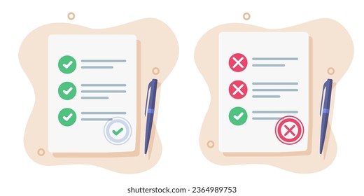 Exam pass fail form icon vector graphic illustration, expertise survey quiz checklist flat design, claim checklist approved disapproved paper document report, good bad study mark list image clipart