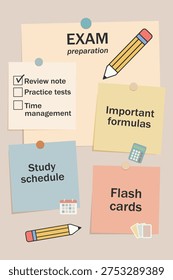 Exam Preparation Checklist Infographic with Study Notes and School Supplies Flat Vector Template.
