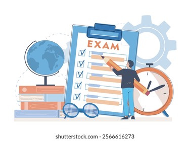 Exam preparation concept. Man standing near stack of textbooks and globe and fill exam. School, college or university homework. Education and learning. Linear vector illustration