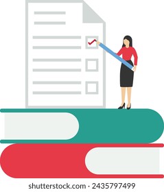Concepto de la preparación del examen, examen escolar, concepto del examen, lista de comprobación y reloj de arena, elija la respuesta, formulario del cuestionario, educación, examen escolar, ilustración plana del vector