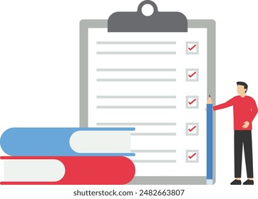 Prüfungsvorbereitung Konzept, Schulprüfung, Prüfungskonzept, Checkliste und Sanduhr, Antwort wählen, Fragebogenformular, Bildung, Vektorgrafik flach Illustration