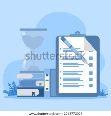 Exam preparation concept, school exam, exam concept, checklist and hourglass, choose answer, questionnaire form, education, vector flat illustration