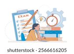 Exam preparation concept. Woman sitting near stack of textbooks. School, college or university homework. Distance education. Remote learning and training. Linear vector illustration