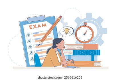 Exam preparation concept. Woman sitting near stack of textbooks. School, college or university homework. Distance education. Remote learning and training. Linear vector illustration