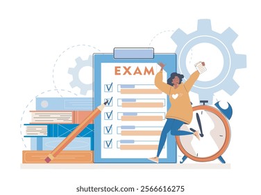 Exam preparation concept. Woman standing near stack of textbooks. School, college or university homework. Student preparing for examination and test. Linear vector illustration