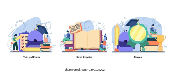 Exam Preparation, Distance education, Achievement icon set. Test and exams, Home Schooling, Honour. Vector flat design isolated concept metaphor illustrations