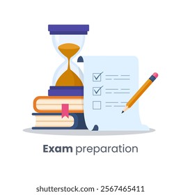 Exam preparation featuring a checklist, pencil, hourglass, and books. Concept of time management, school tests, study planning, choosing answer, questionnaire form, education. Flat vector illustration