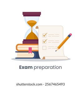 Exam preparation featuring a checklist, pencil, hourglass, and books. Concept of time management, school tests, study planning, goals, answering questions, and education. Flat vector illustration.