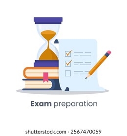 Exam preparation featuring a checklist, pencil, hourglass, and books. Concept of time management, school tests, study planning, choosing answer, questionnaire form, education. Flat vector illustration
