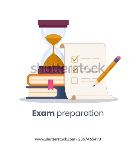 Exam preparation featuring a checklist, pencil, hourglass, and books. Concept of time management, school tests, study planning, goals, answering questions, and education. Flat vector illustration.