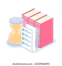 Prüfungsvorbereitung mit Checkliste, Fragebogen, Ausbildung, Schulprüfung, Zeitmanagement, Studienplan, Ziele, Beantwortung von Fragen und Ausbildung. flache Darstellung.