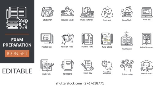 Exam preparation icon set featuring study and learning concepts such as study plan, focused study, practice tests, revision tools, note taking, flashcards, group study, mock exams, online resources, time management, and academic success. Editable outline vector icons in a clean minimal line style, ideal for education, e-learning platforms, academic content.