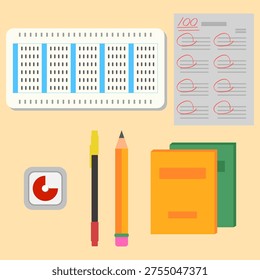Exam Preparation Icon Set (OMR Card, Perfect Score Test Paper, Marker, and Stationery)