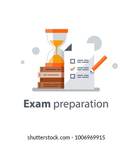 Exam preparation, school test, examination concept, checklist and hourglass, choosing answer, questionnaire form, education, vector flat illustration