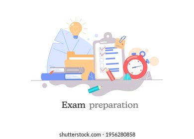 Exam preparation, school test. Vector flat illustration. Exam concept, checklist and stopwatch, choice of answer, questionnaire form, education. Checklist, to-do list