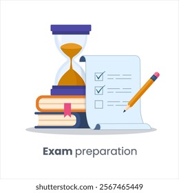 Exam preparation vector illustration featuring a checklist, pencil, hourglass, and stacked books. Concept of time management, study planning, learning goals, and academic success. Flat style design.