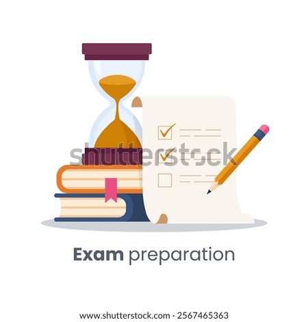 Exam preparation vector illustration featuring a checklist, pencil, hourglass, and stacked books. Concept of time management, study planning, learning goals, and academic success. Flat style design.