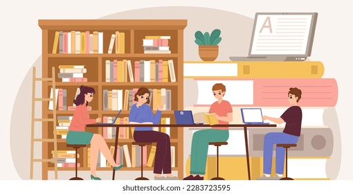 Exam preparing in group. Exams planning, college students revise study materials together. Time management and schedule, home work snugly vector scene