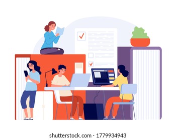 Exam preparing. Technology examination preparation, better study together. Students with books laptop, knowledge training vector concept