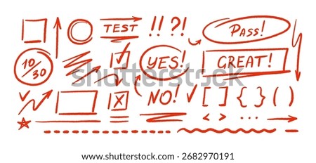 Exam red crayon sign. Homework. Check marks, crosses and numbers elements. School mark for test, evaluations with and percentage ranges. Vector hand draw doodle collection. Texture scribble marker