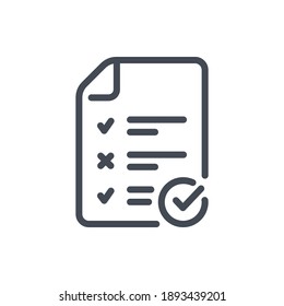 Exam report line icon. File with check list and check mark vector outline sign.