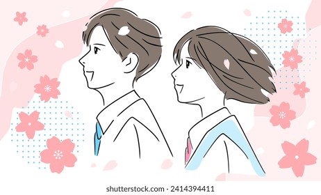Exam result announcement, graduation ceremony with cherry blossoms blooming, youth of men and women, school life in March. Vector illustration background material