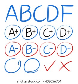 exam result icons, grade marks and tick marks