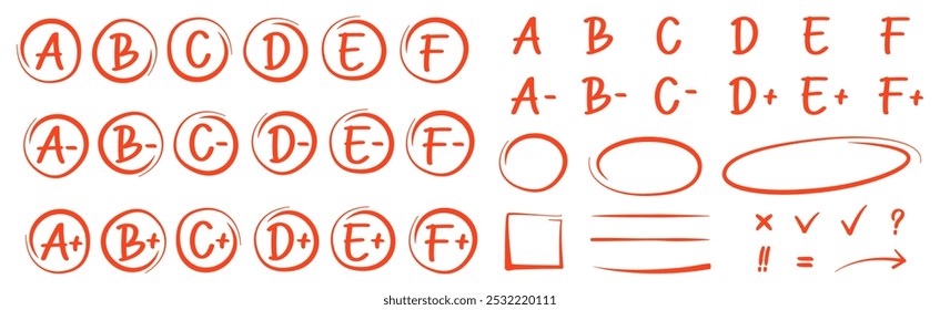Conjunto de resultados del examen, letras dibujadas a mano A F en círculos