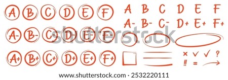 Exam result set, hand drawn letters A F in circles