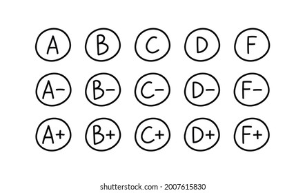 Exam results icons set isolated on white background. Vector illustration. Latters, pluses and minuses in black circle handwritte.