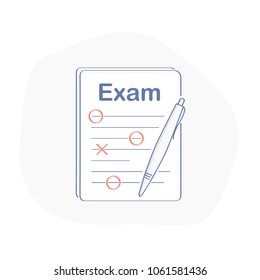 Exam, exam results, preparation, school test, fail examination concept, checklist and mistakes, wrong answers, questionnaire form with pen. Flat outline education vector illustration.
