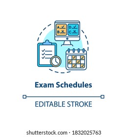 Exam schedules concept icon. Final examination schedule. Distance learning. Academic calendar idea thin line illustration. Vector isolated outline RGB color drawing. Editable stroke
