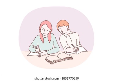 Exam, school, learning, education, curiosity concept. Boy pupil cartoon character sitting and trying to look at girl classmates notebook to know right answers during exam in school illustration 