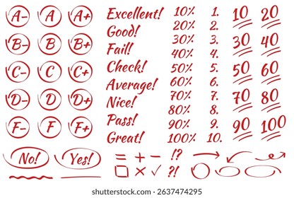 Exam score and grade marks set. English test exam red pen mark. School teacher test. Exam scores and grades in doodle outline hand drawn style.