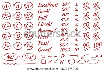 Exam score and grade marks set. English test exam red pen mark. School teacher test. Exam scores and grades in doodle outline hand drawn style.