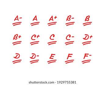 Exam score illustration set, red letter grade mark, school est result collection - Vector