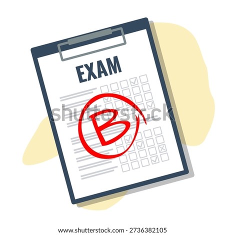 exam sheet with b grade, questions list in clipboard, education good result, flat style illustration