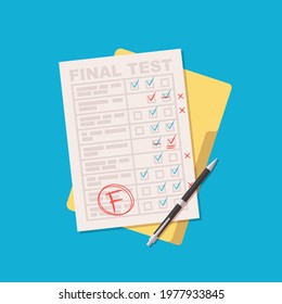 Exam sheet with F grade. Education test. Vector flat isolated on blue background.