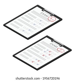 Exam sheet with A plus and F grade, pen isolated on white background, isometric view. Vector