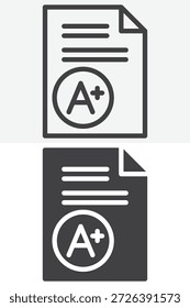 Hoja de examen con un conjunto de iconos de estilo de grado A más diferente. Versiones de líneas, contornos e iconos sólidos. Signo y Vector de trazo editables para el éxito. Icono de examen.