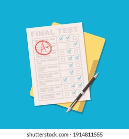 Hoja de examen con un grado A más. Prueba de educación. Vector plano aislado en fondo azul.