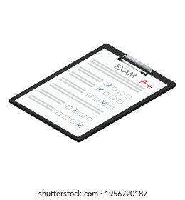 Exam sheet with A plus grade isolated on white background, isometric view. Vector